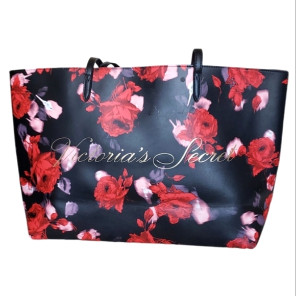 Victoria's Secret Red Black Floral Leather Classic Double Handle Tote Bag - Picture 3 of 16